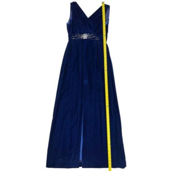 Vintage Formal Gown Blue Velvet Bead Rhinestones V Neck Empire Waist Size Small - Picture 8 of 10